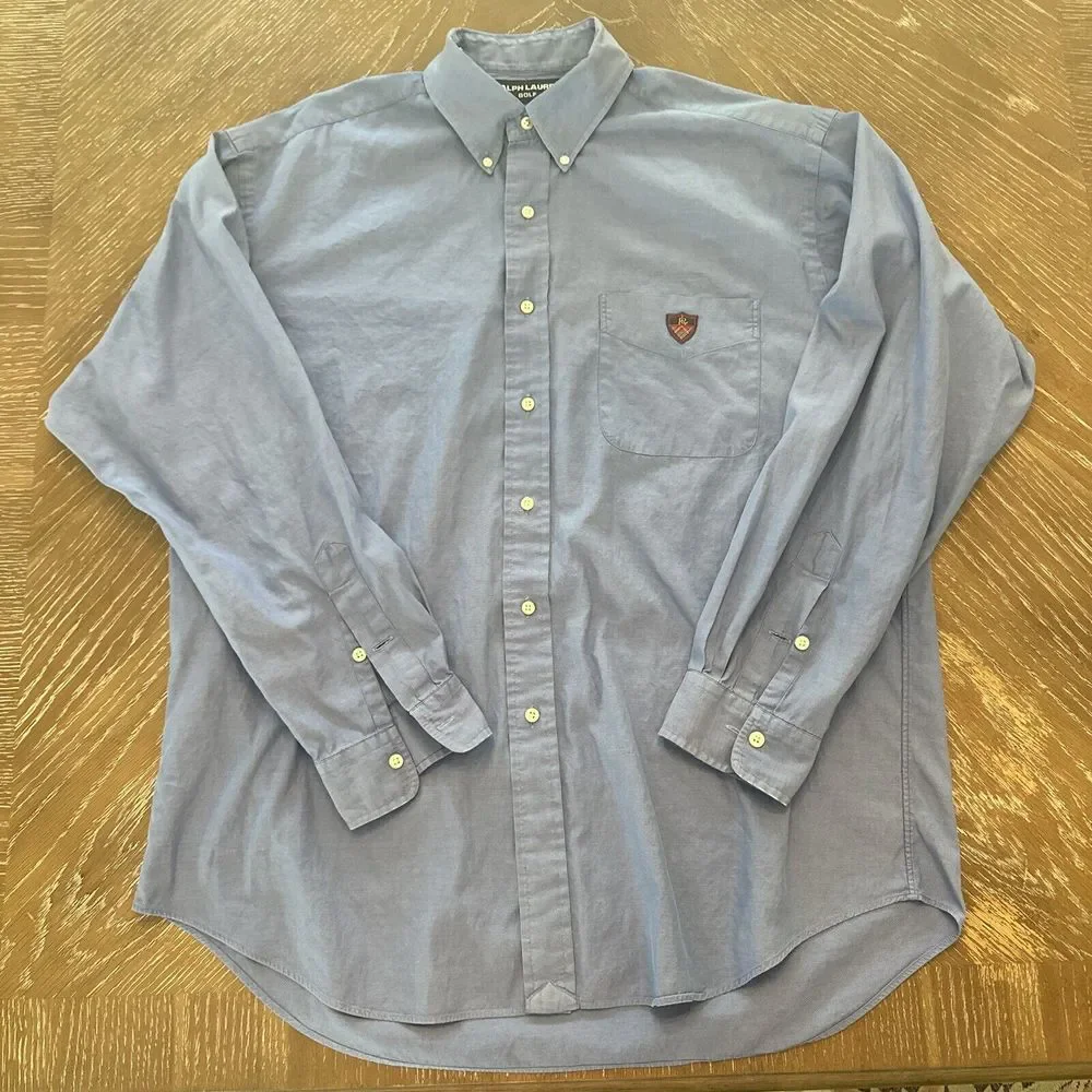 Ralph Lauren Golf LARGE BLUE Shirt Men's Tilden 100% Cotton Button‎ Up EXCELLENT